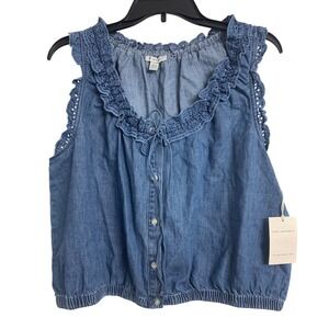 NWT Free Assembly Blue Chambray Ruffle Eyelet Crop Top Cottagecore Boho Large